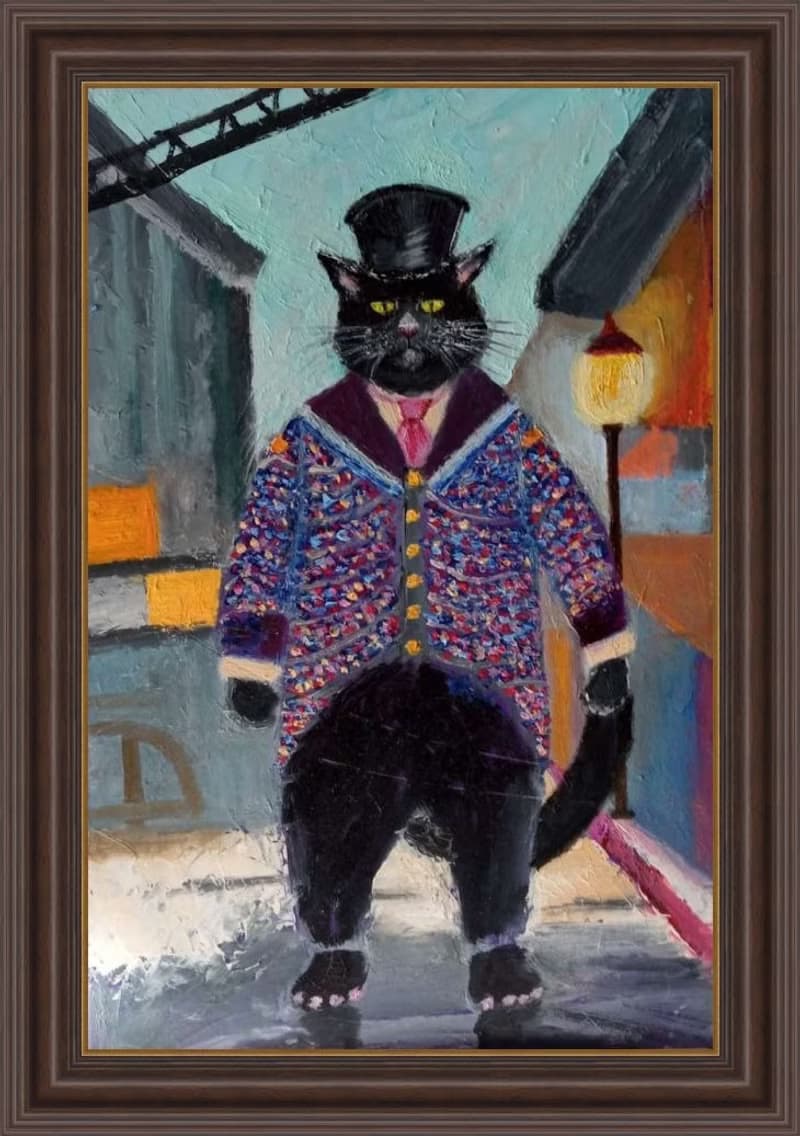 Black cat in a top hat Animal oil painting Funny cat art Strict boss