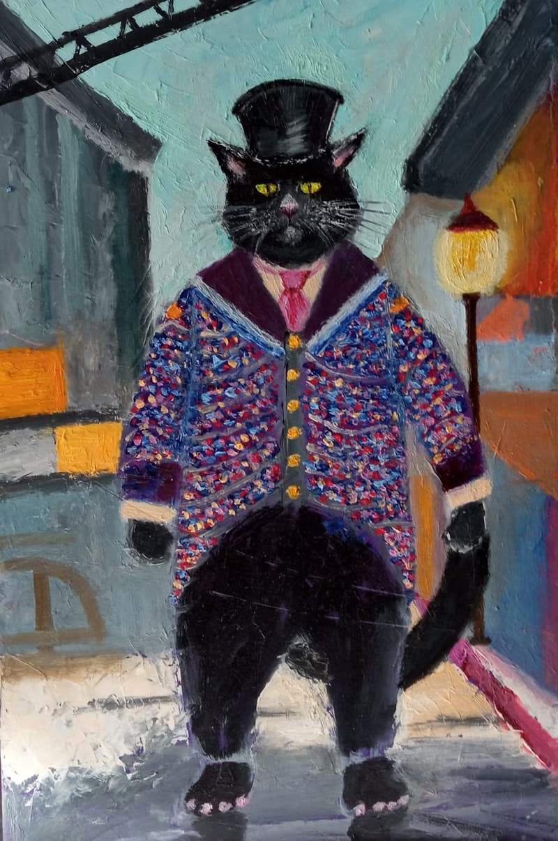 Black cat in a top hat Animal oil painting Funny cat art Strict boss