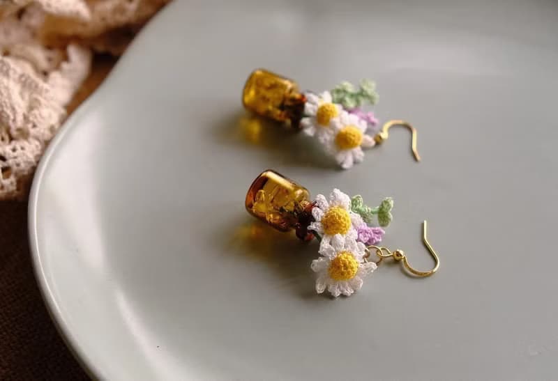 鈎針編織 迷你 洋甘菊 薰衣草 花束耳環