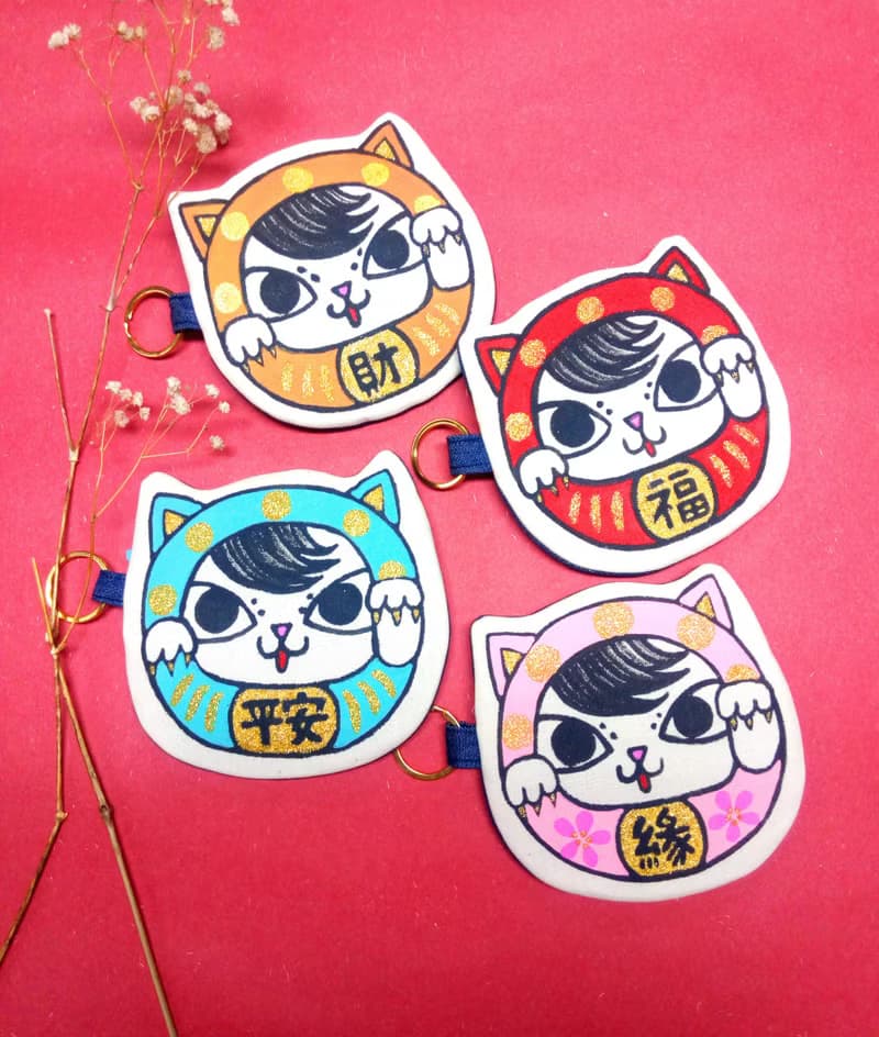 手繪手做自家品牌小賊貓不死貓招財貓湖藍色平安零錢包散子包