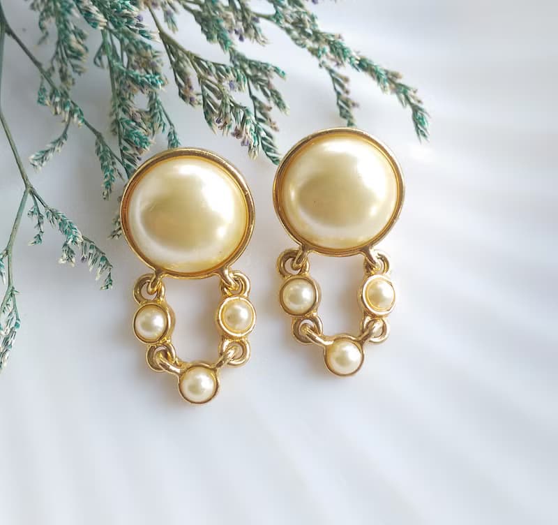 Vintage Jewelry 西洋古董飾品 優美 仿珠 垂吊鍊珠 針式耳環