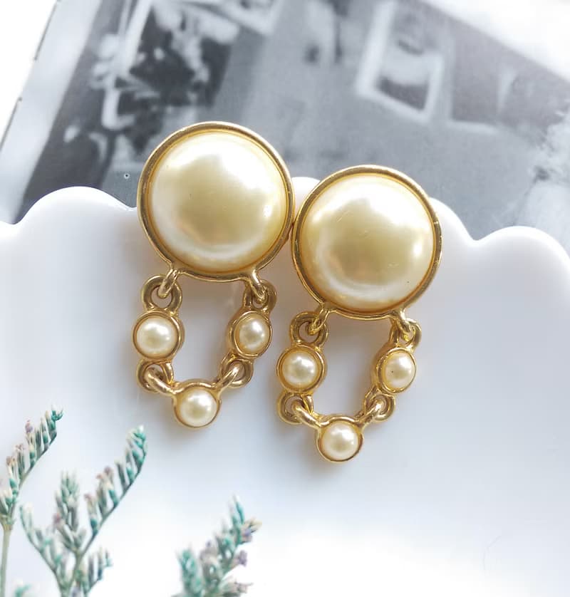 Vintage Jewelry 西洋古董飾品 優美 仿珠 垂吊鍊珠 針式耳環