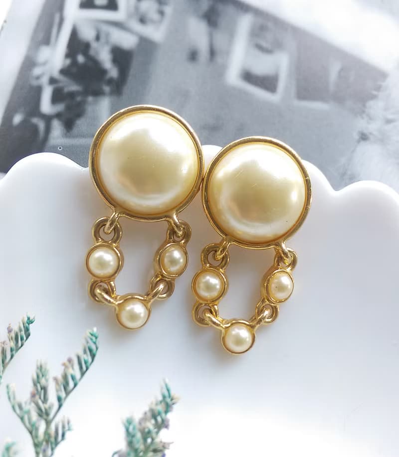 Vintage Jewelry 西洋古董飾品 優美 仿珠 垂吊鍊珠 針式耳環