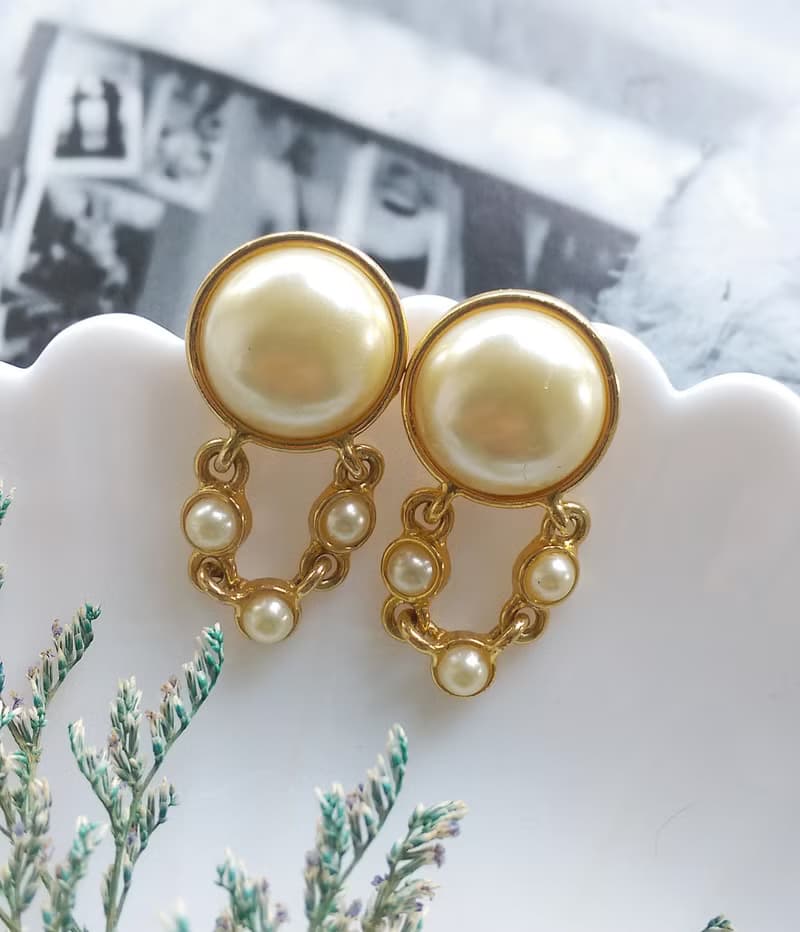 Vintage Jewelry 西洋古董飾品 優美 仿珠 垂吊鍊珠 針式耳環