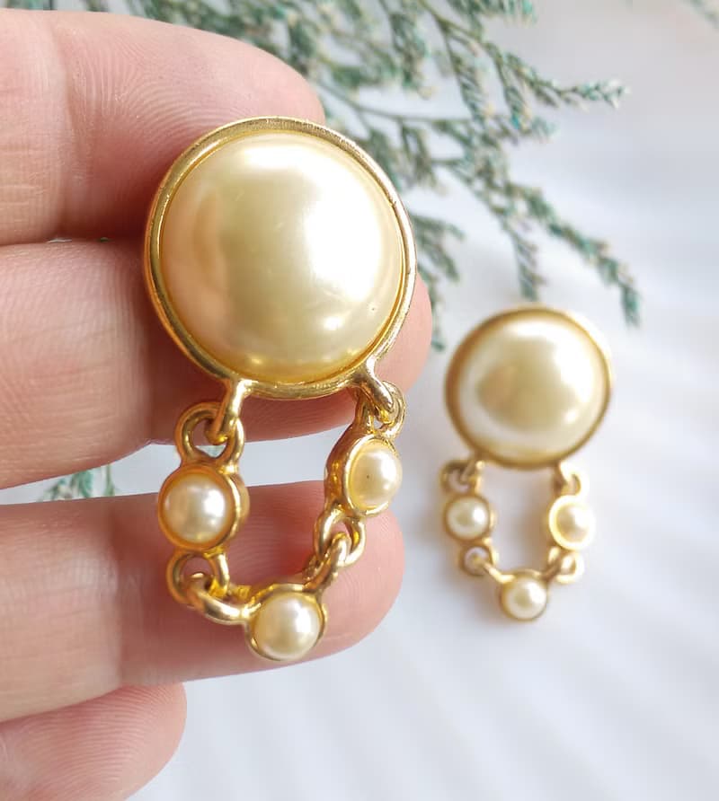 Vintage Jewelry 西洋古董飾品 優美 仿珠 垂吊鍊珠 針式耳環