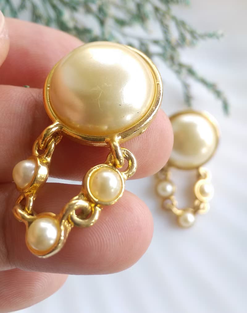 Vintage Jewelry 西洋古董飾品 優美 仿珠 垂吊鍊珠 針式耳環