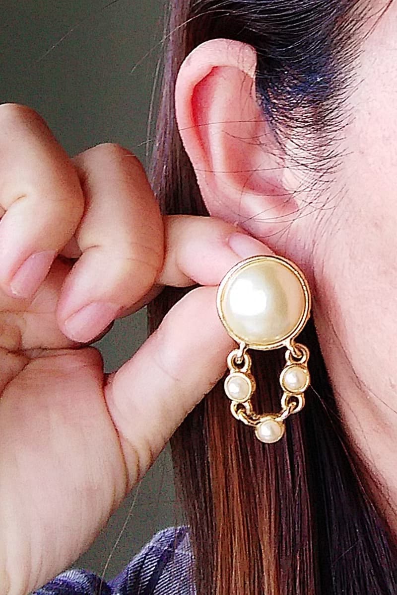 Vintage Jewelry 西洋古董飾品 優美 仿珠 垂吊鍊珠 針式耳環