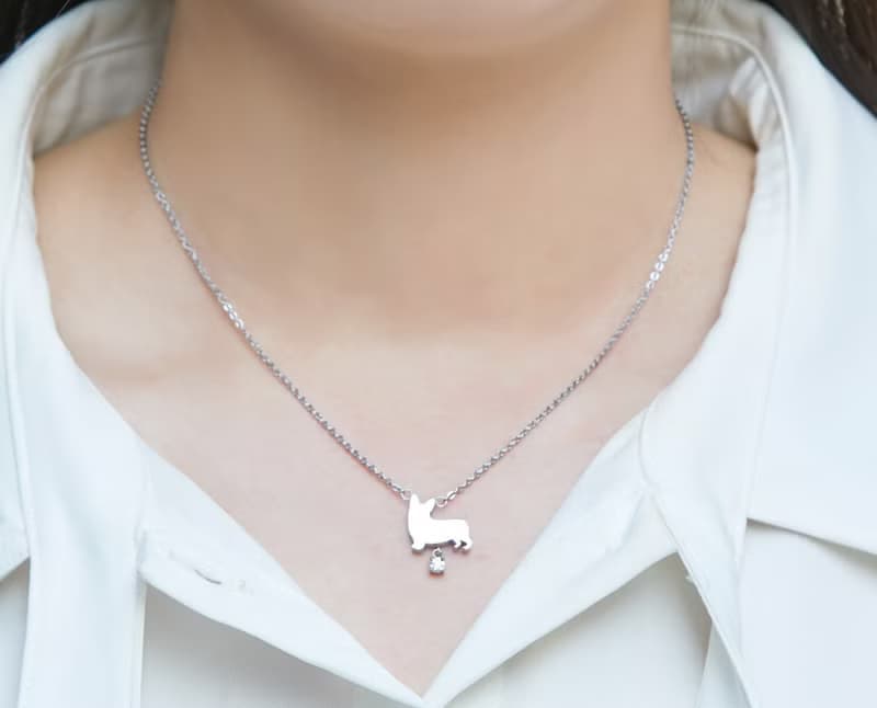 柯基項鍊 - 狗狗背影與鑽系列-抗敏醫療鋼
