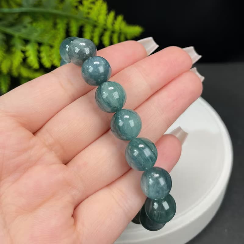 精品天然綠藍晶石手串冰潤透感貓眼藍晶石手錬單圈串珠氣質女12mm