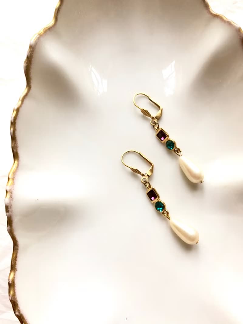 Vintage Teardrop Pearl Gemstone Gold Drop Earrings