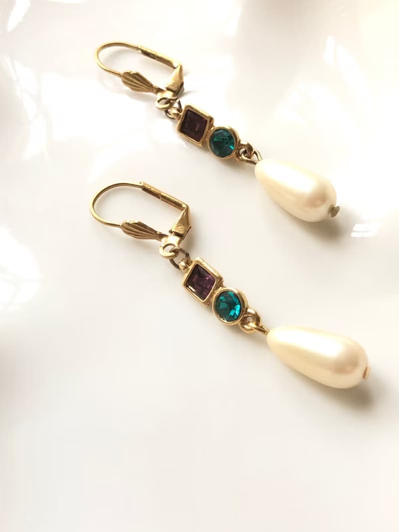 Vintage Teardrop Pearl Gemstone Gold Drop Earrings