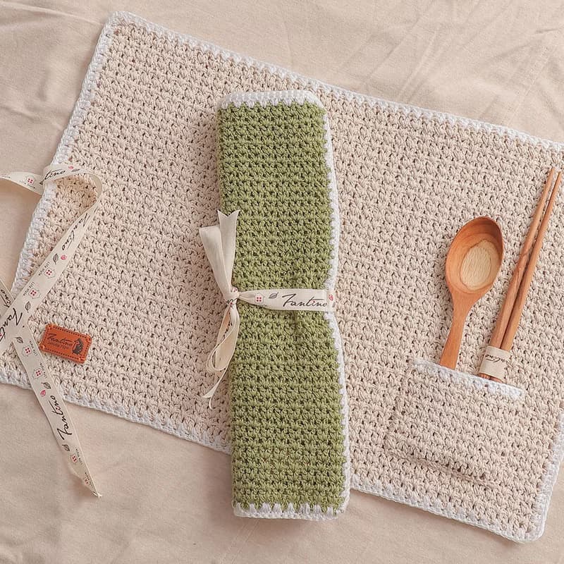 職人手作針織編織餐墊/餐具收納袋/生日禮/環保(不含餐具)-草綠色/交換禮物