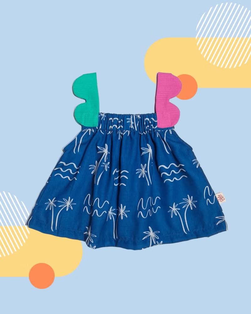 女童背心 2-9歲 -藍色米色和綠色椰子樹印花