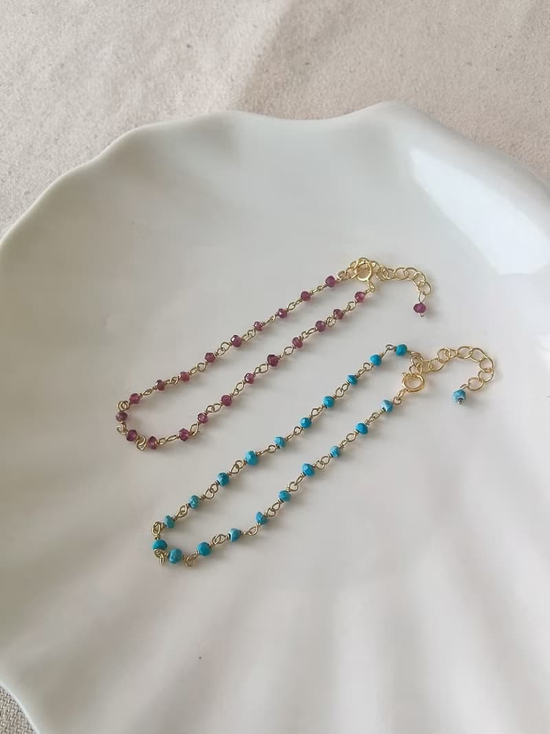 點點天然石手鍊/腳鍊 - 綠松石/石榴石 SV925 18K厚鍍金