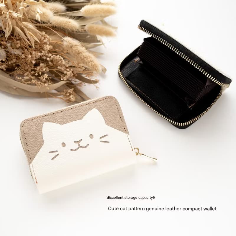 お札が折れない コンパクトウォレット ねこ 【 シュリンクレザー 】 本革 ミニ財布 猫 プレゼント HW23K