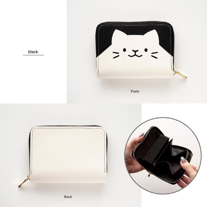 お札が折れない コンパクトウォレット ねこ 【 シュリンクレザー 】 本革 ミニ財布 猫 プレゼント HW23K