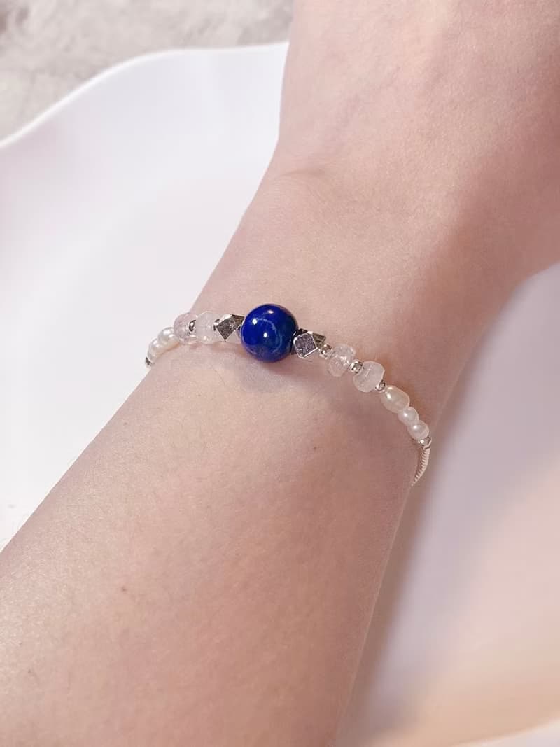 銀款 手作天然石手鍊 青金石/斯里蘭卡藍光月光石/天然淡水珍