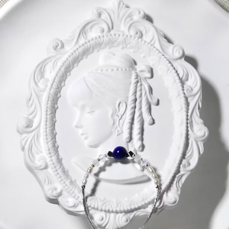 銀款 手作天然石手鍊 青金石/斯里蘭卡藍光月光石/天然淡水珍