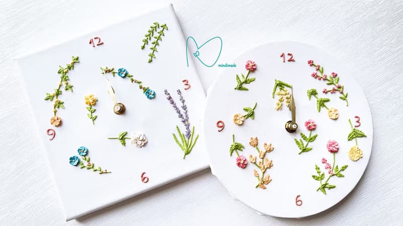 小清新*刺繡花*手工黏土花花畫小掛鐘/桌上鐘