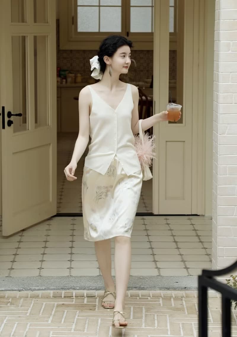 法式復古 真絲印花高腰半裙 19姆米桑蠶絲