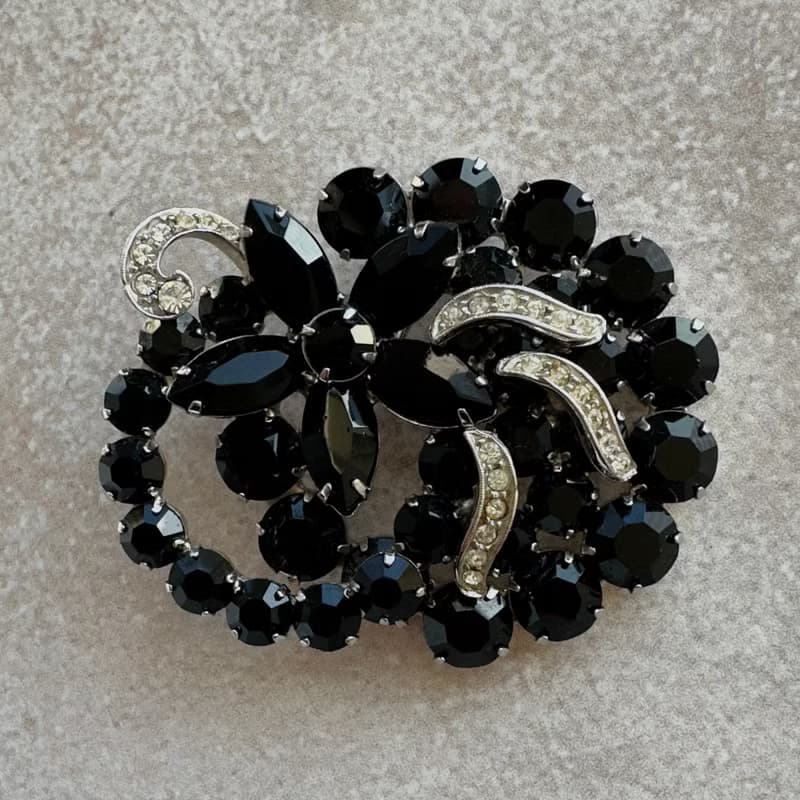 Vintage WEISS Flower Brooch 1960 USA signed floral black crystal pin gift idea