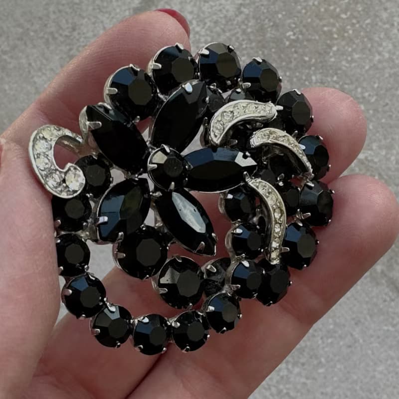 Vintage WEISS Flower Brooch 1960 USA signed floral black crystal pin gift idea