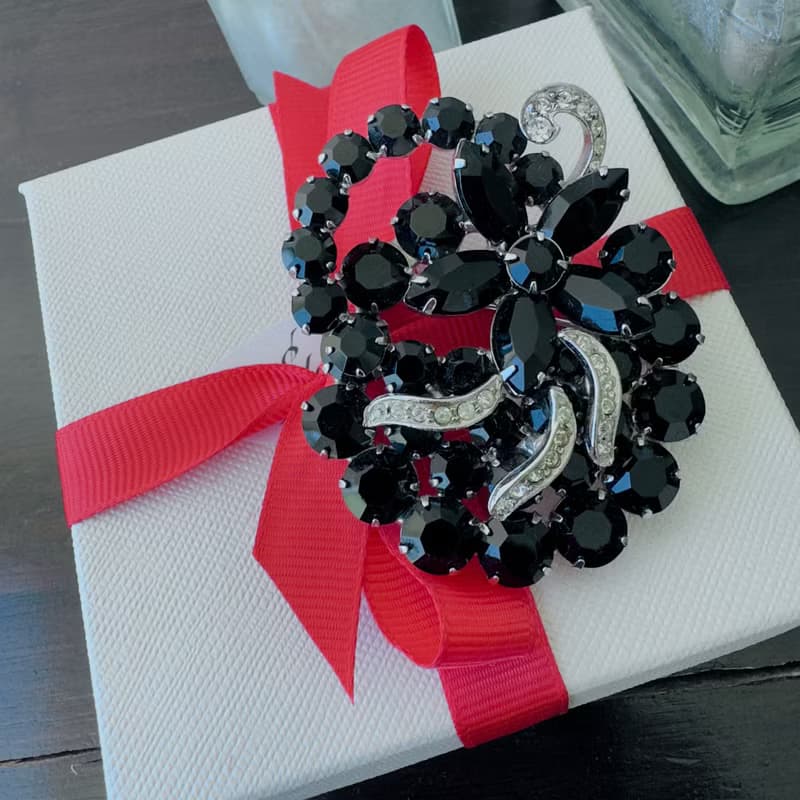 Vintage WEISS Flower Brooch 1960 USA signed floral black crystal pin gift idea