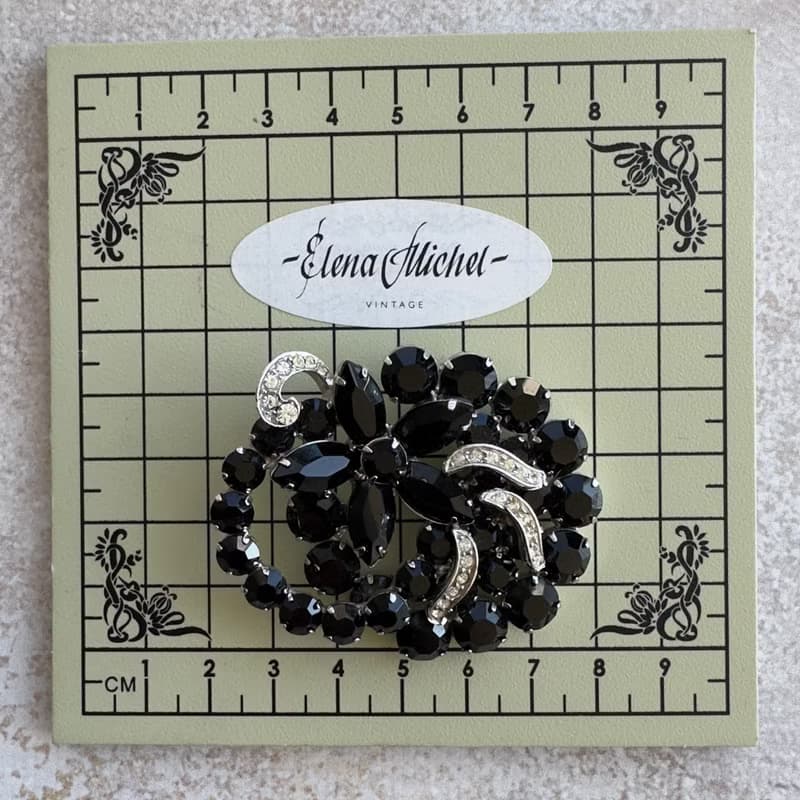 Vintage WEISS Flower Brooch 1960 USA signed floral black crystal pin gift idea