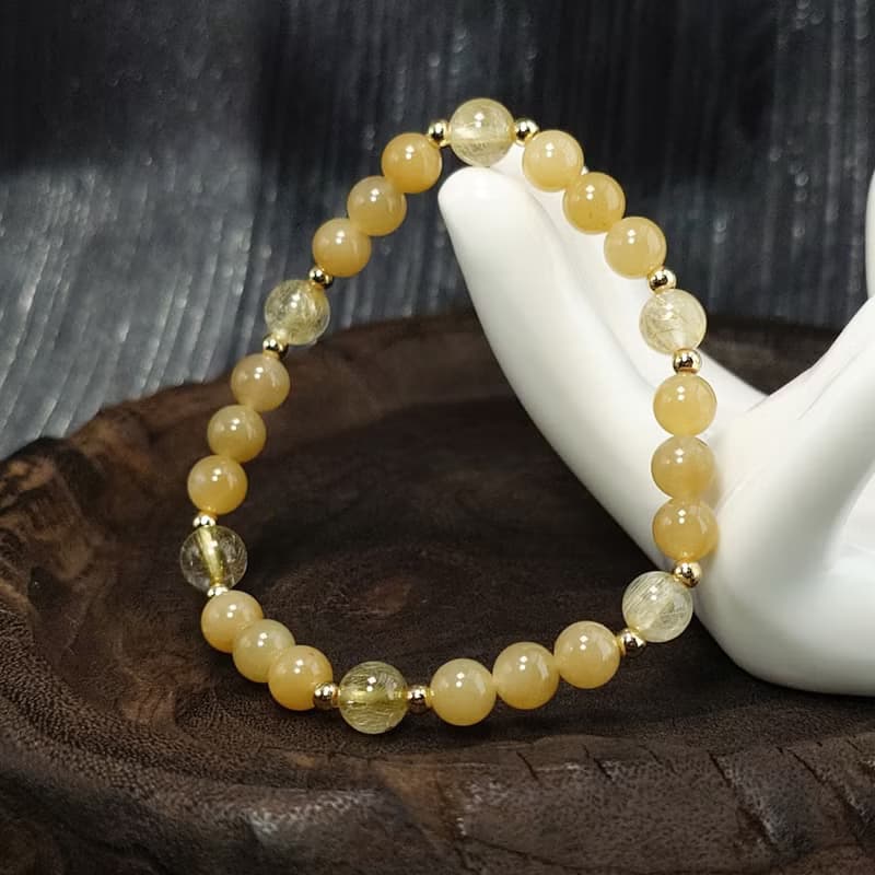 手鍊 天然 新疆且末糖料 和田玉 黃鈦晶 包金 手珠 寶石