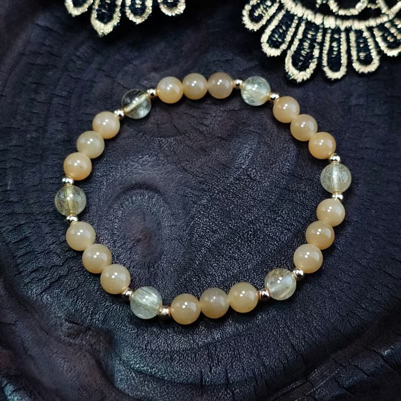 手鍊 天然 新疆且末糖料 和田玉 黃鈦晶 包金 手珠 寶石