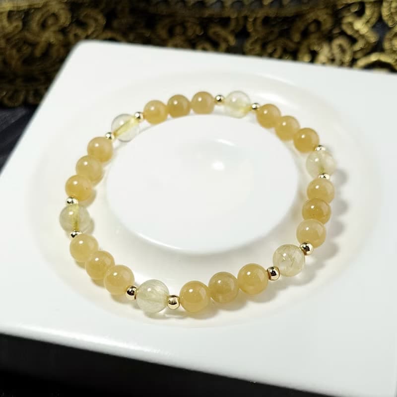 手鍊 天然 新疆且末糖料 和田玉 黃鈦晶 包金 手珠 寶石