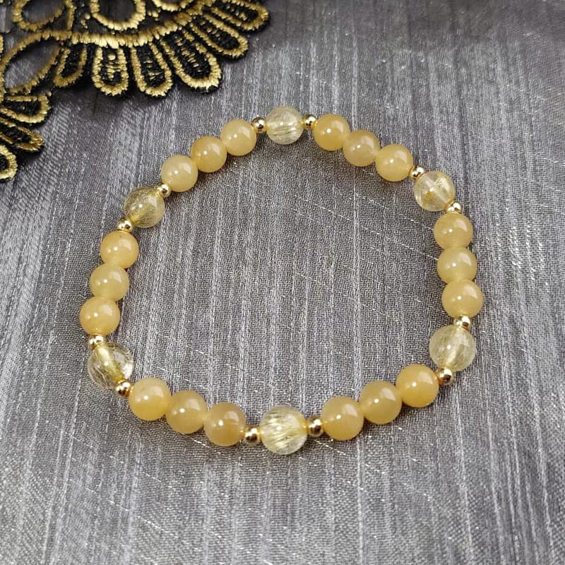 手鍊 天然 新疆且末糖料 和田玉 黃鈦晶 包金 手珠 寶石
