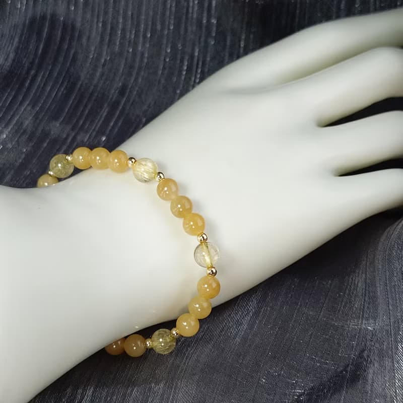 手鍊 天然 新疆且末糖料 和田玉 黃鈦晶 包金 手珠 寶石