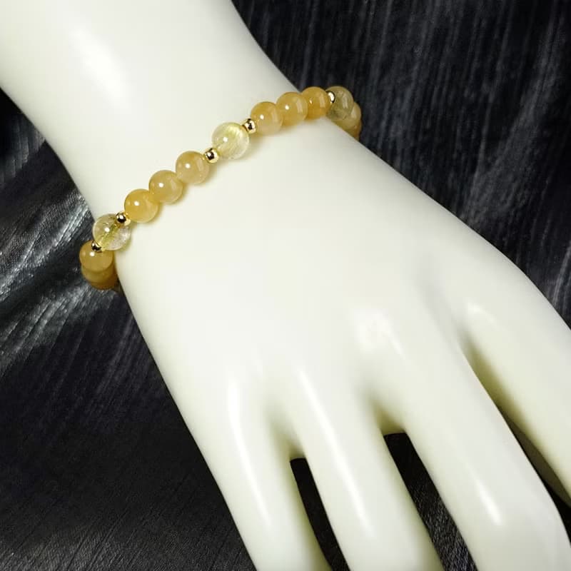 手鍊 天然 新疆且末糖料 和田玉 黃鈦晶 包金 手珠 寶石