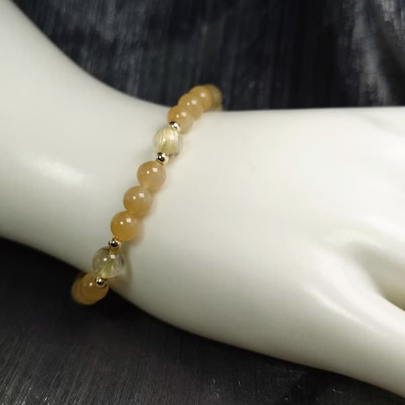 手鍊 天然 新疆且末糖料 和田玉 黃鈦晶 包金 手珠 寶石