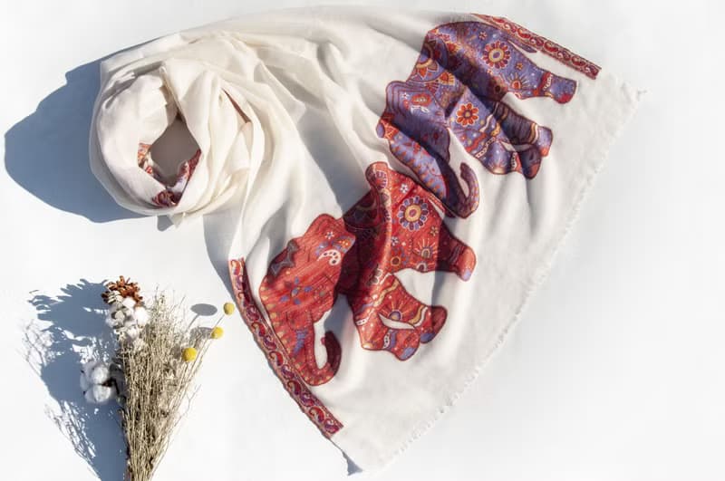 喀什米爾Cashmere 編織羊絨圍巾 純羊毛圍巾披巾 戒指絨披肩-大象