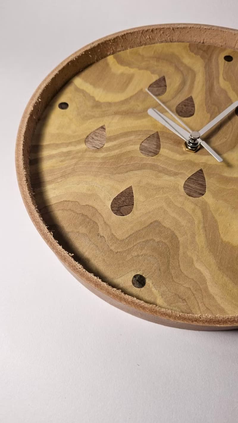 木藝皮革框掛鐘 -雨滴系列 Wood Veneer Leather Frame - 山水紋