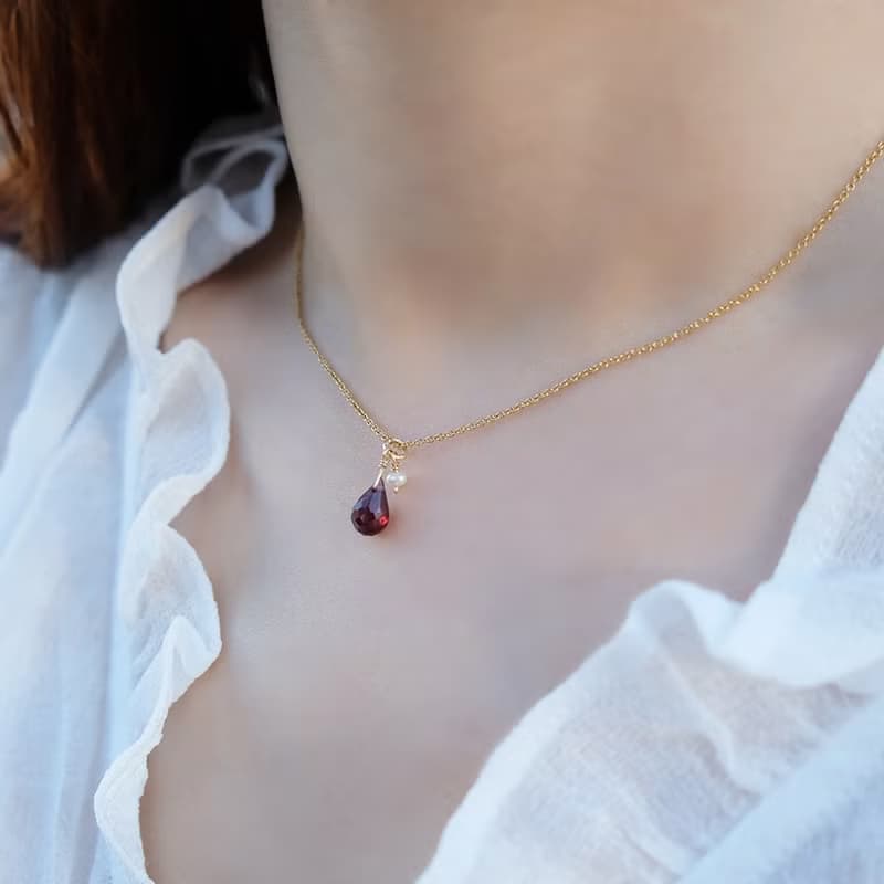生日石 項鍊 紅石榴 粉晶 14K 包金 注金 水洗不退色 項鍊 女