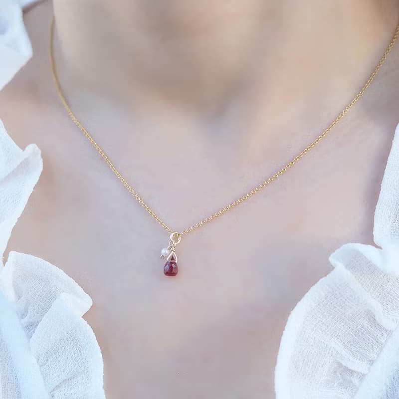 生日石 項鍊 紅石榴 粉晶 14K 包金 注金 水洗不退色 項鍊 女