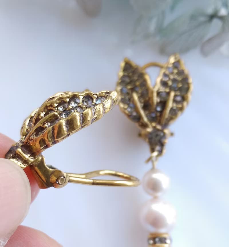 Vintage Jewelry 西洋古董飾品 鑽葉 垂珠 夾式耳環