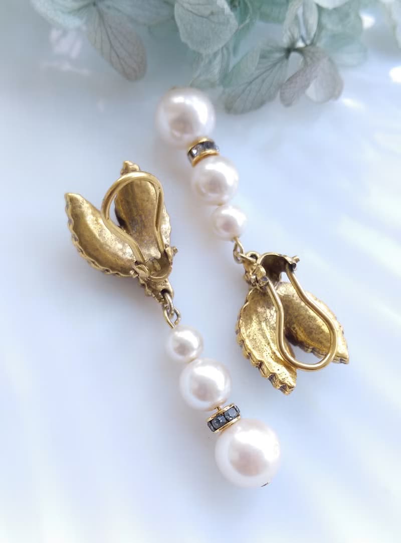 Vintage Jewelry 西洋古董飾品 鑽葉 垂珠 夾式耳環