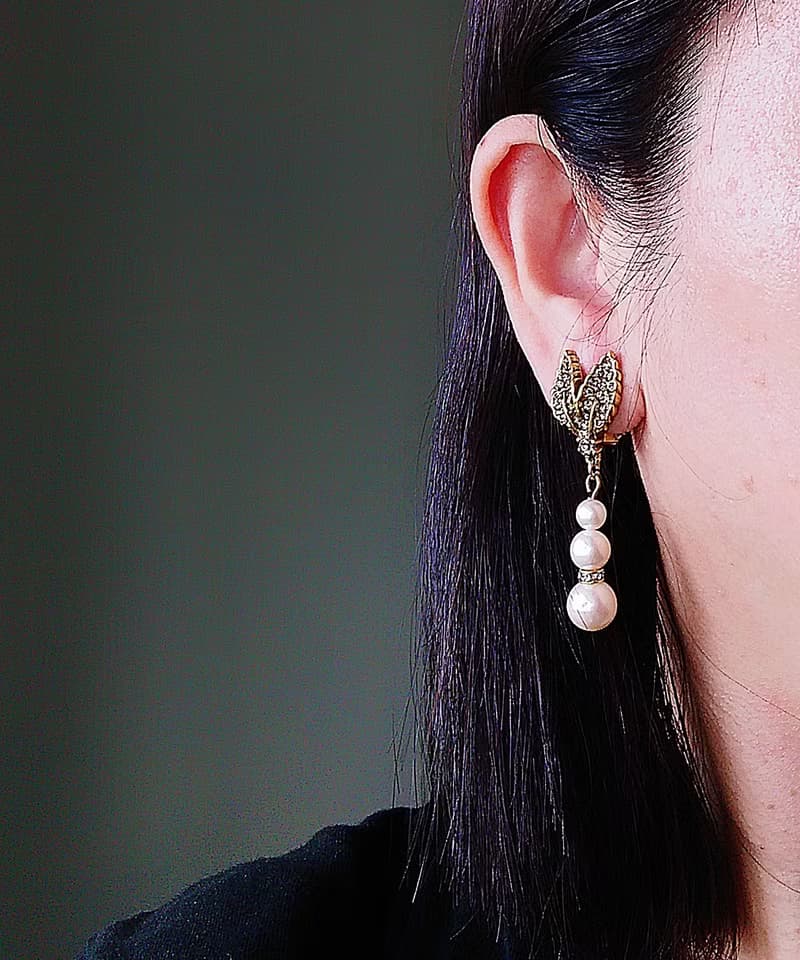 Vintage Jewelry 西洋古董飾品 鑽葉 垂珠 夾式耳環