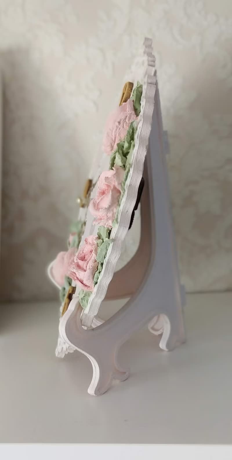 Small pink table clock with pink roses in shabby chic style Silent wall clock