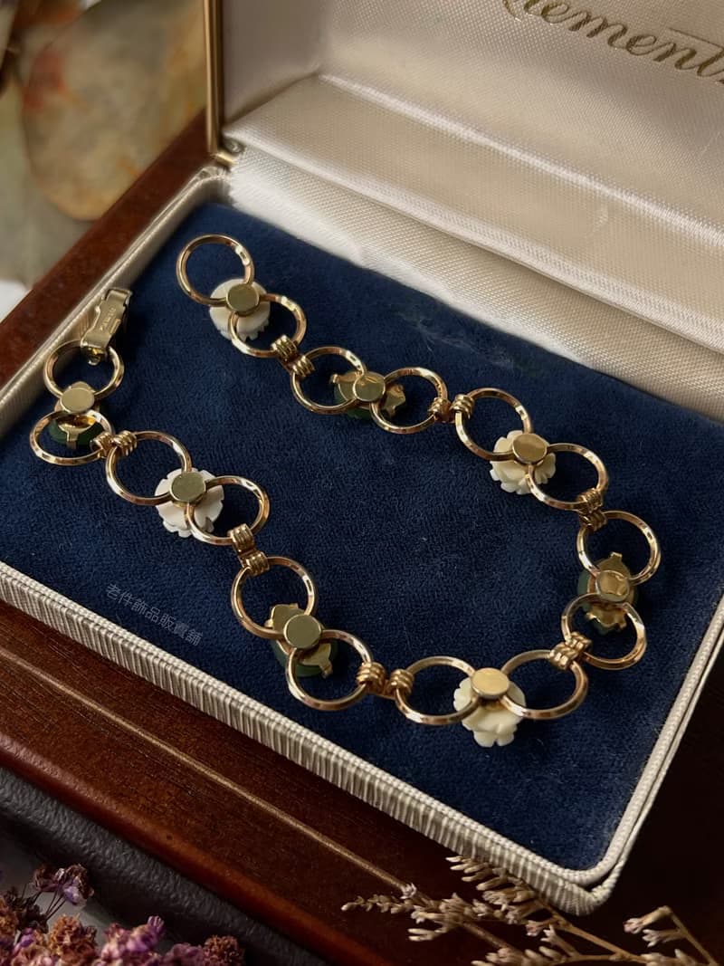 Krementz 古典14K包金 象牙玫瑰翡翠手鍊