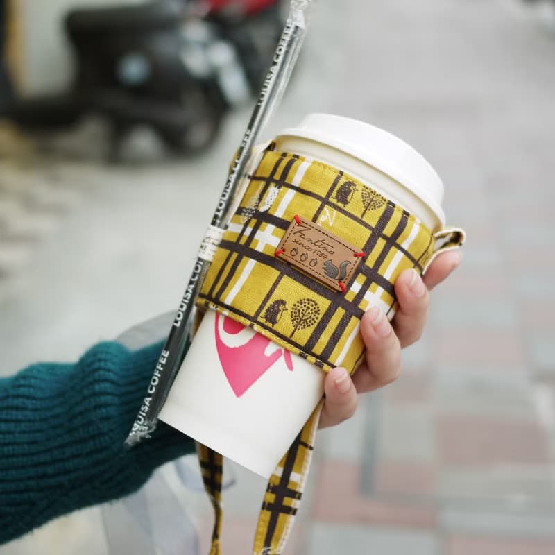 雙層隔熱環保飲料提袋 - 格紋街區 - 芥末黃/交換禮物/畢業季