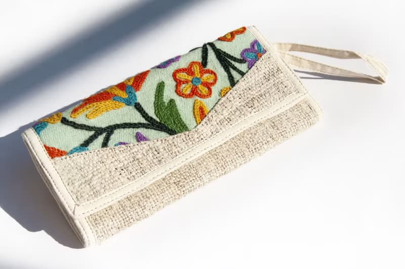 手工棉麻皮夾/編織拼接刺繡長夾/長皮夾/零錢包/編織皮夾-花朵風
