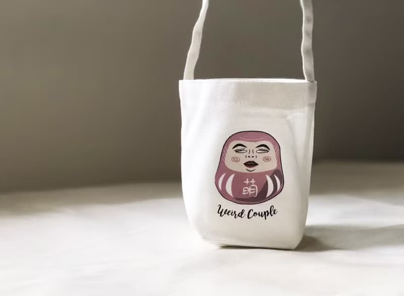 粉紅色萌萌達摩圖案 環保飲料提袋一個
