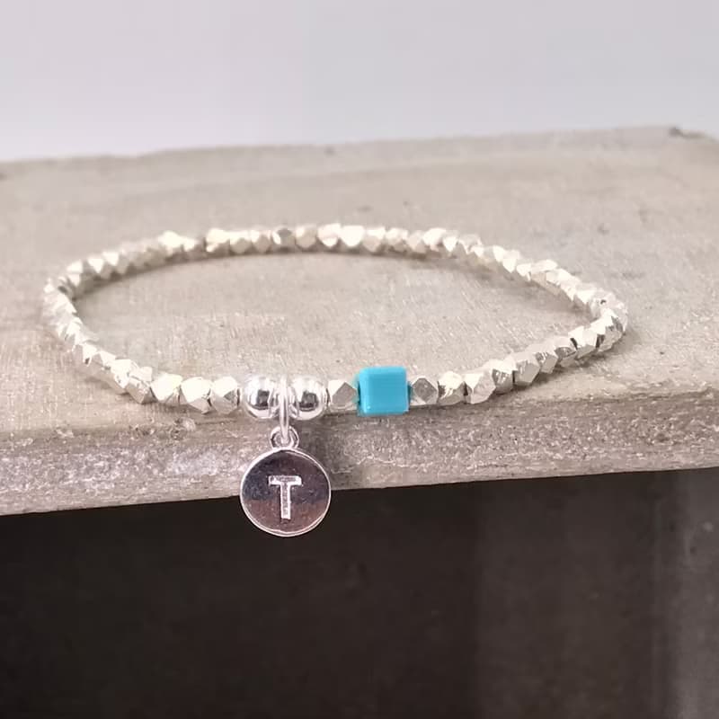 純銀 菱形銀珠 藍色施華洛水晶 S925 自選字母手鍊