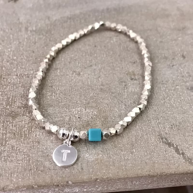 純銀 菱形銀珠 藍色施華洛水晶 S925 自選字母手鍊