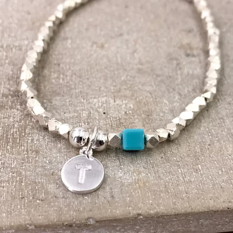 純銀 菱形銀珠 藍色施華洛水晶 S925 自選字母手鍊